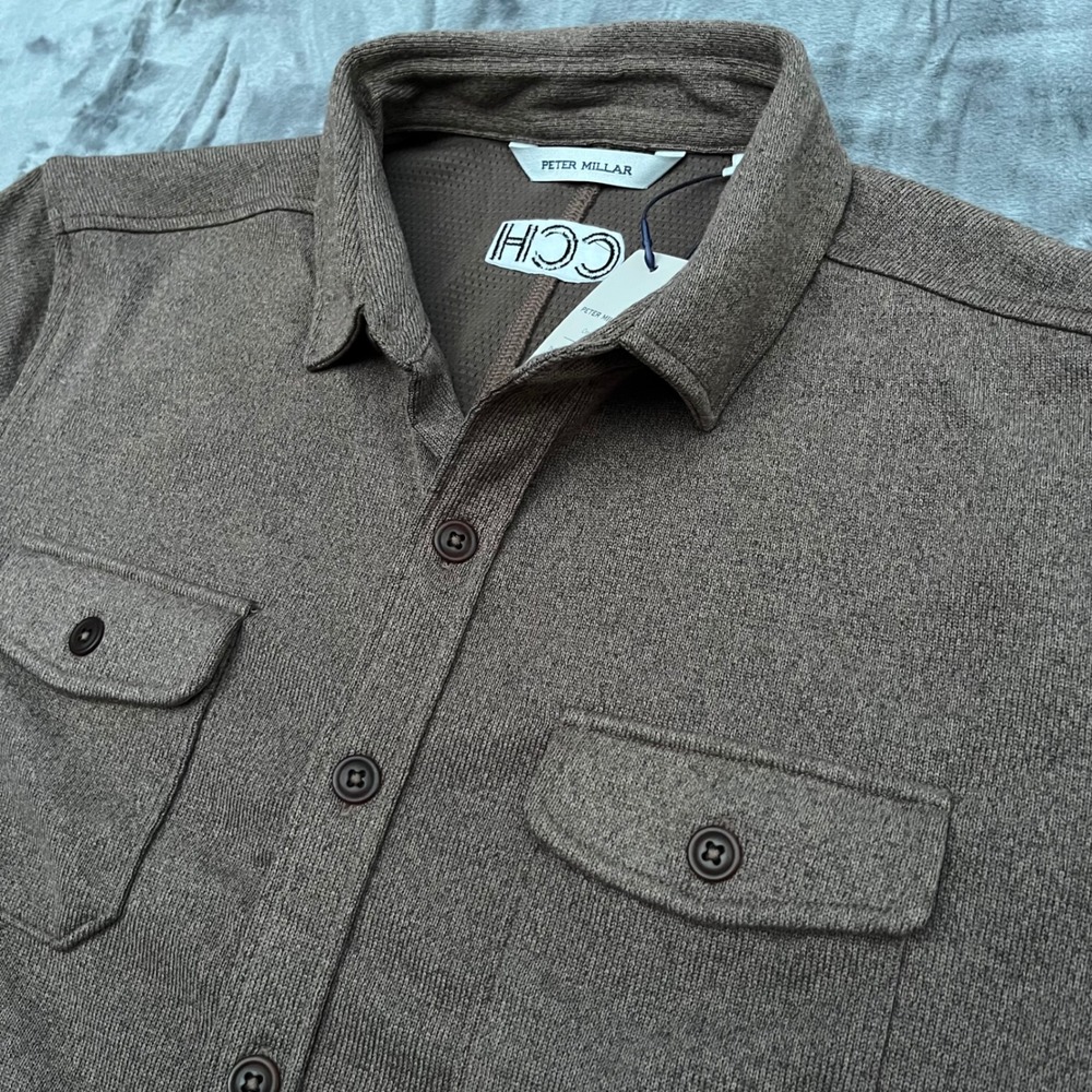 Peter Millar Crown Mens Brown Knit Button Front Shirt Jacket CCH Logo Large NWT